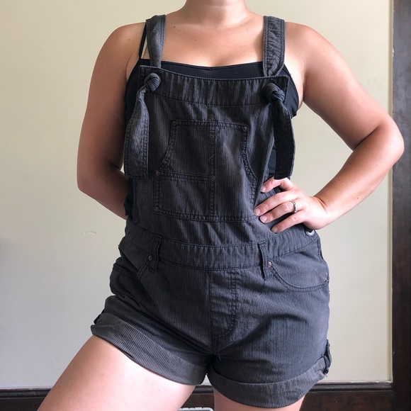 Free People Denim - Free People black pinstripe overall shorts
